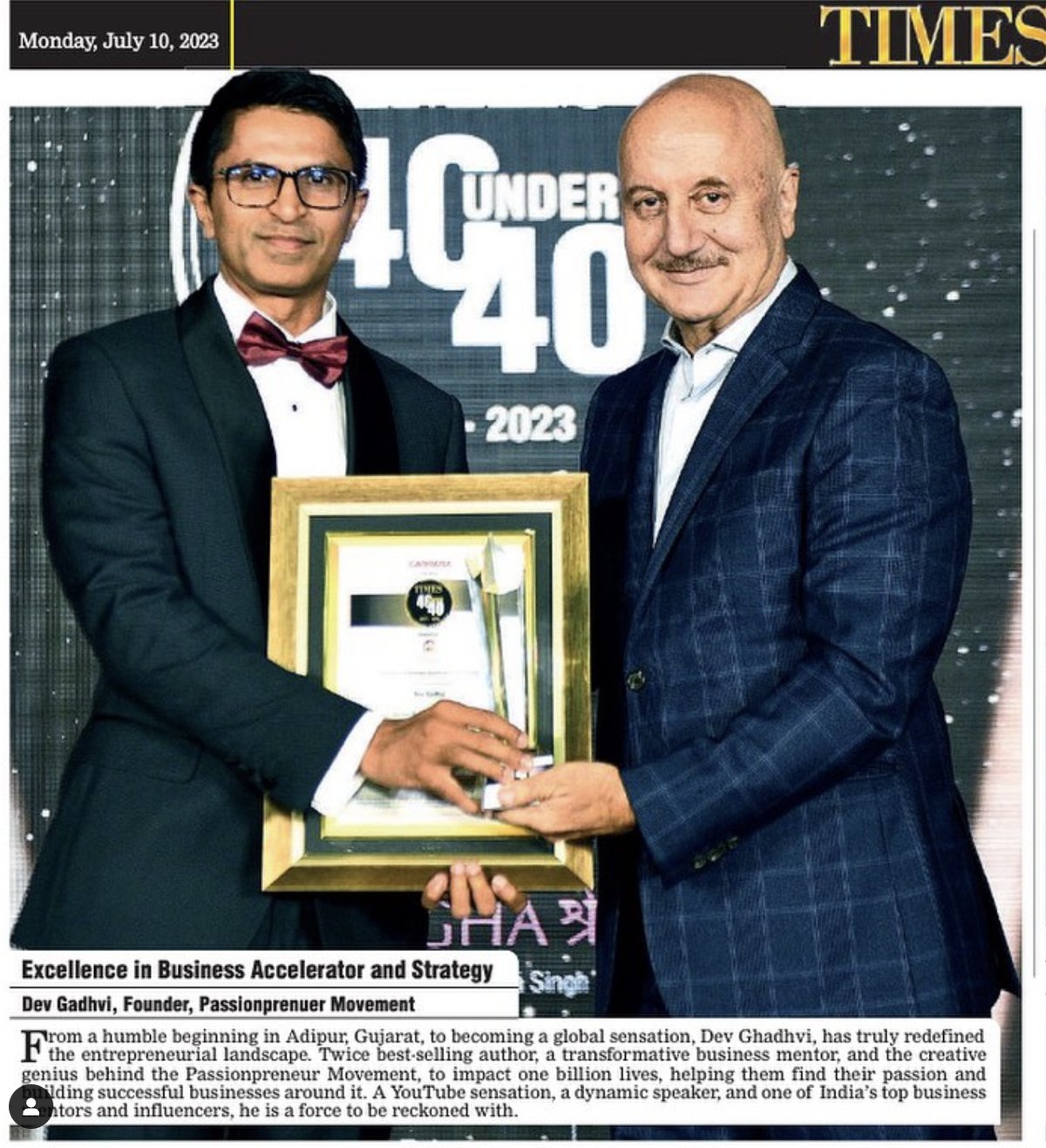 Times 40 Under 40 award for Dev Gadhvi